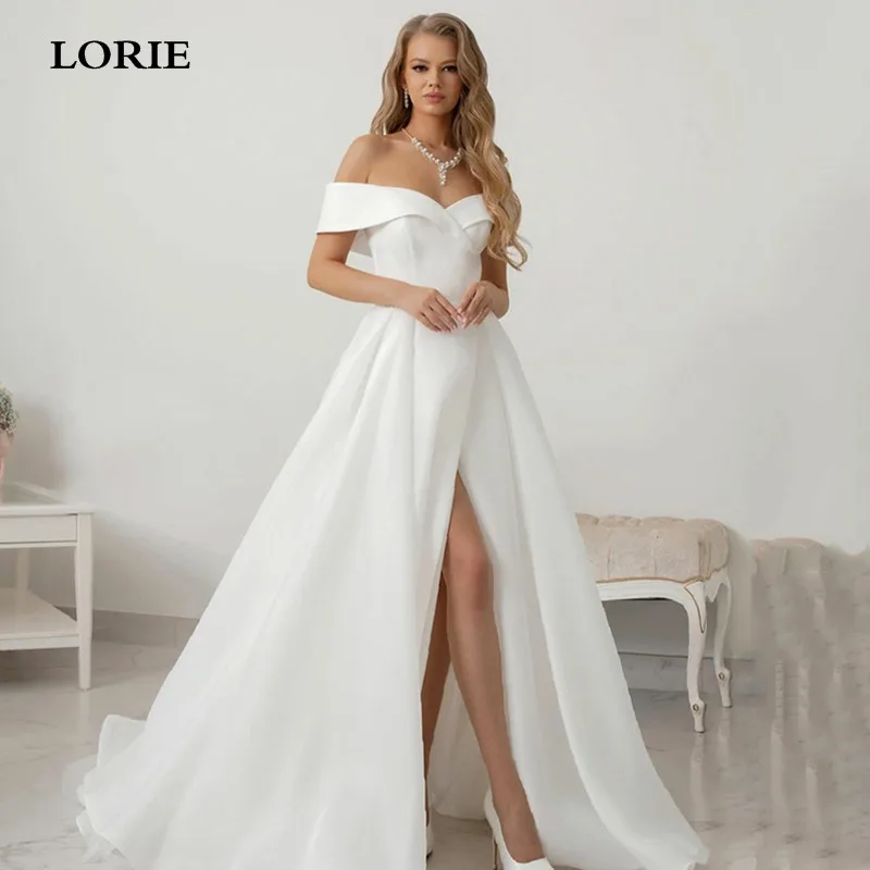 

LORIE Ivory Satin Princess Wedding Dress Off The Shoulder Boho Bridal Gown Sexy Side Split Wedding Gowns 2022