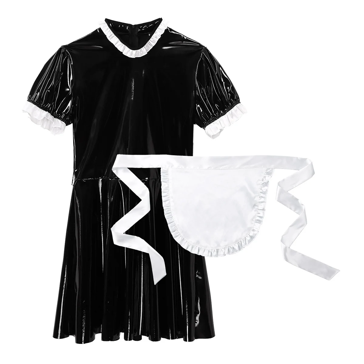 Men Maid Uniform Outfit Patent Leather Short Puff Sleeve Zipper Dress with Apron Costume Sexy Sissy Crossdressing Fancy Dresses