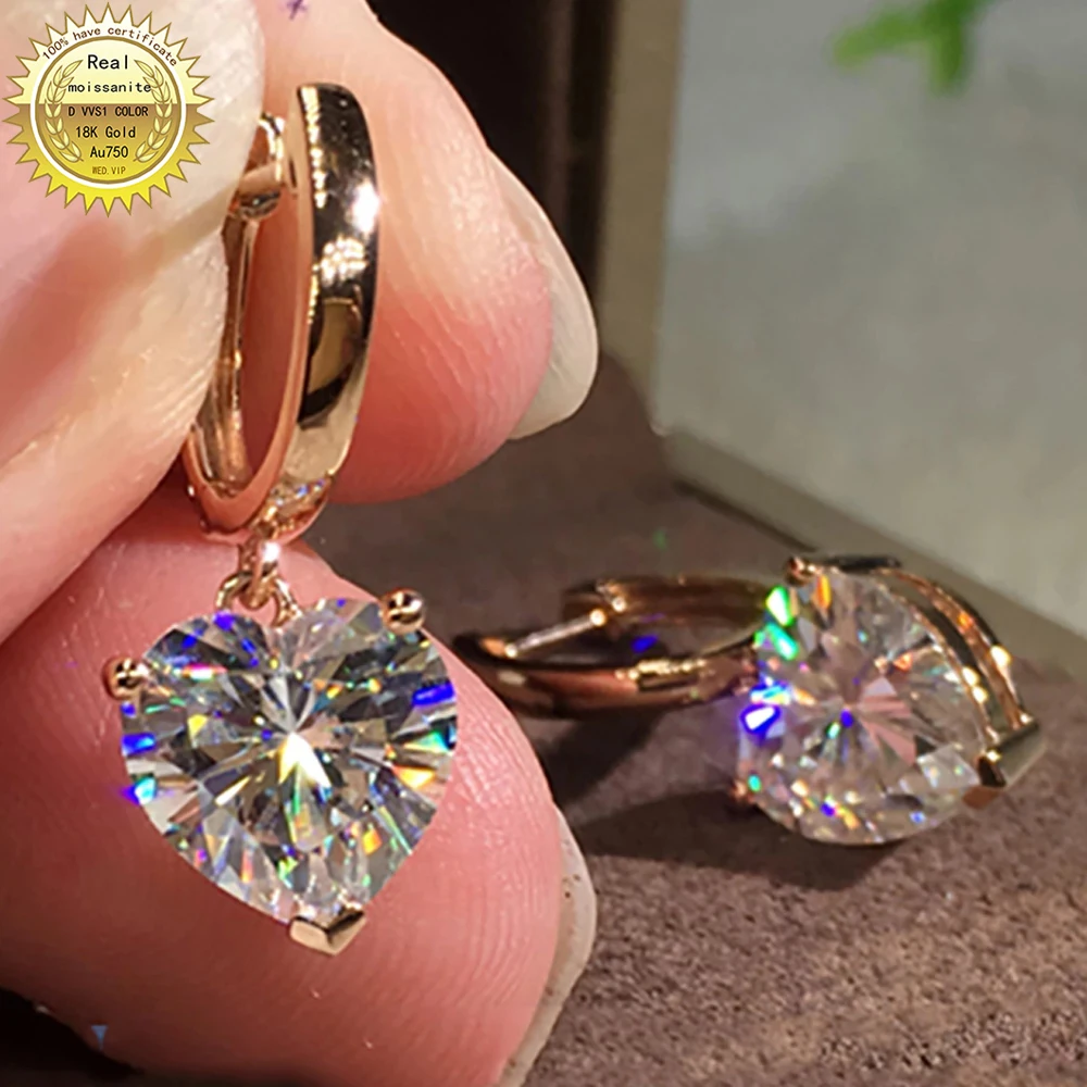 100% 18K Gold A750 gold A pair of Earrings 2Ct 4Ct 6Ct We only sell DVVS Moissanite Earrings Heart cut