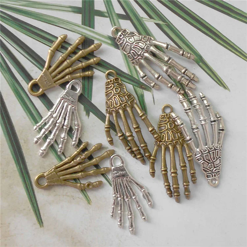 Julie Wang 8PCS Hand Bone Charms Halloween Alloy Punk Skull Skeleton Antique Color Pendant Bracelet Jewelry Making Accessory