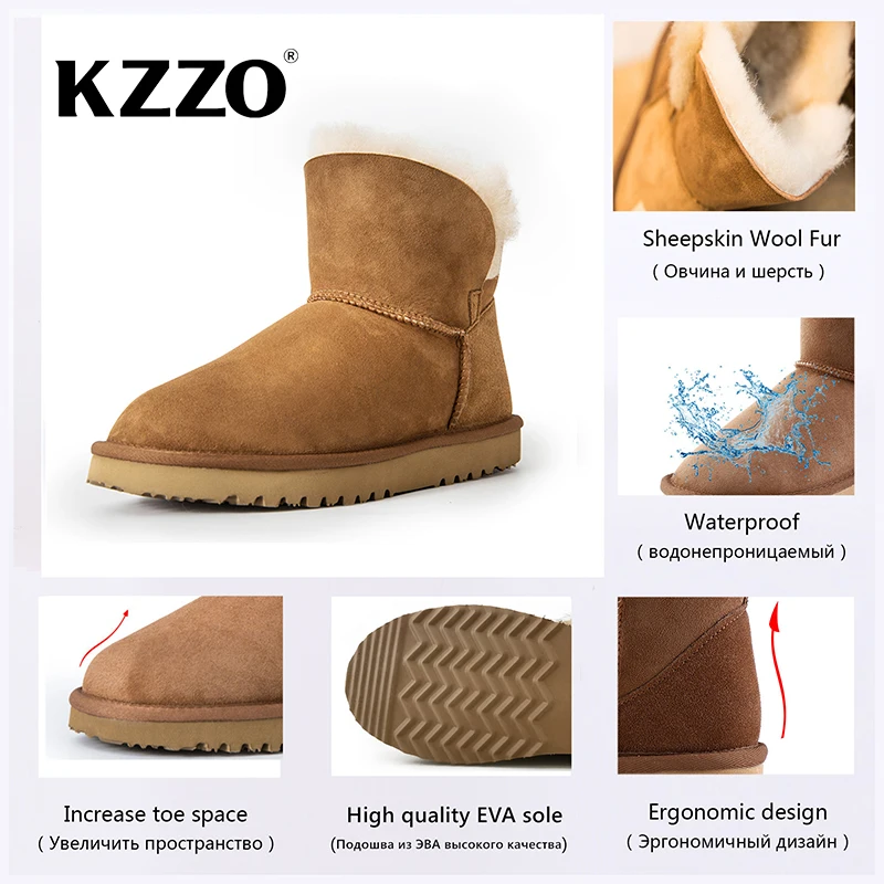 KZZO Classic Women Ankle Boots Sheepskin Suede Leather Natural Wool Fur Lined Snow Boots Australia Winter Warm Shoes Maroon