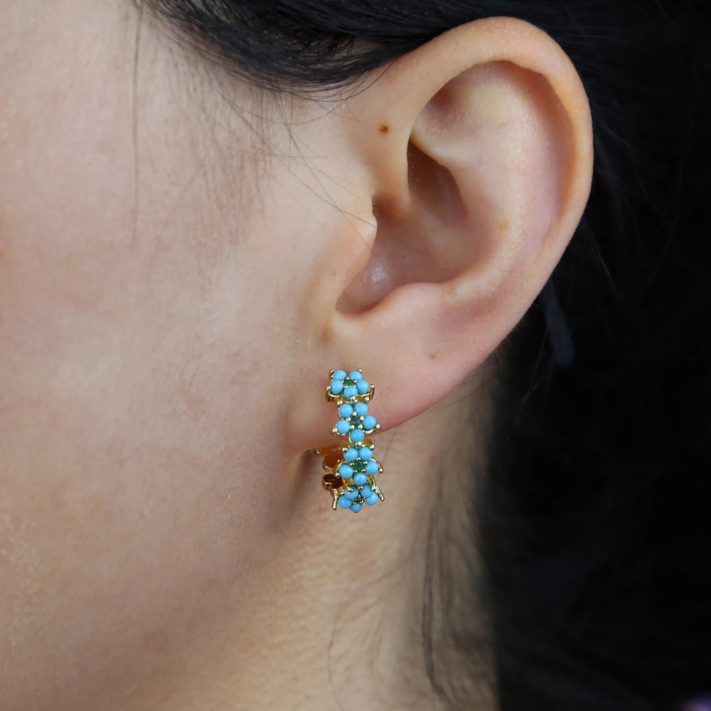 New Geometric Blue Turquoises Stone Flower Circle Hoop Earring Gold Color Simple Classic fashion women jewelry