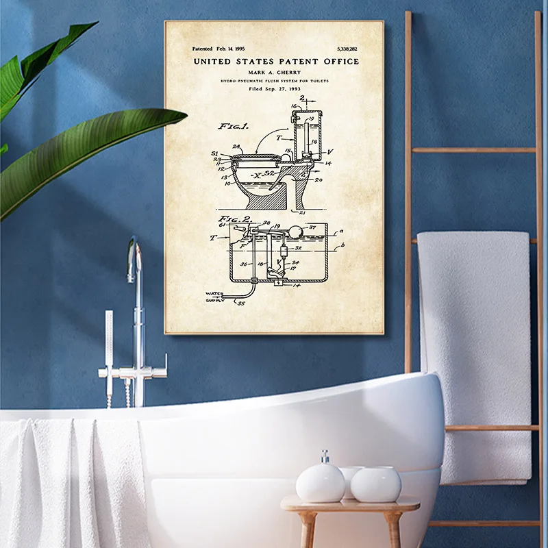 النمط الصناعي معجون الأسنان ورق التواليت براءات الاختراع المشارك Vintage قماش طباعة جدار لوحة فنية ديكور الحمام الحديث