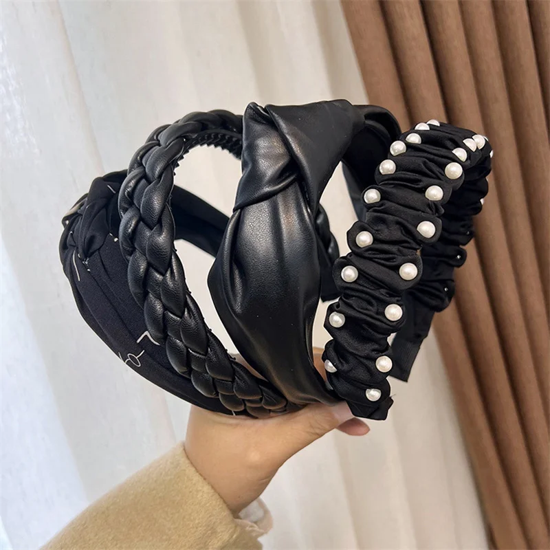 Winter Solid Velvet Bezel Women Girl Broadside Hair Bands  Pearl Cross Headband Hair Hoop Fashion Black Leather Braided Hairband