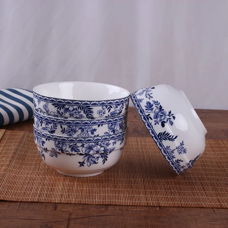 European blue and white porcelain plate bowl tableware household Chinese ceramic dish soup plate large size fish plate rice bowl