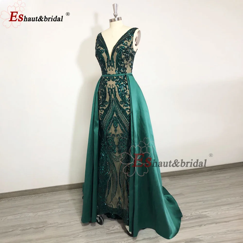 Vestido de noche elegante para mujer, sirena con lentejuelas y tren desmontable, cuello en V, vestidos formales para fiesta de graduación y boda, personalizados, 2024