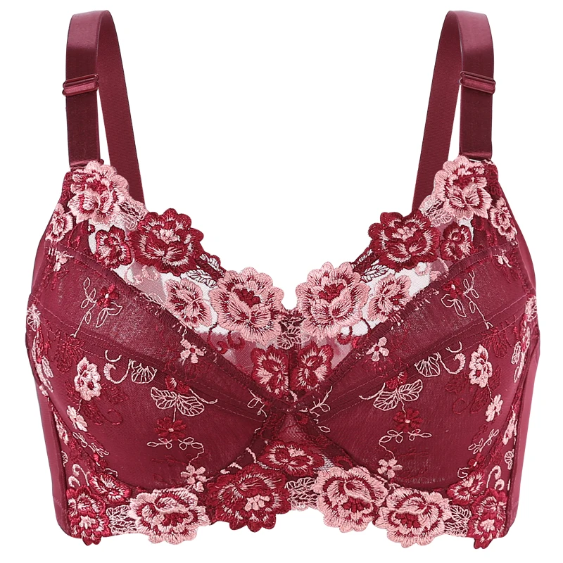 Women's Full coverage Underwired Non Padding Sheer Floral Embroidered Bra 34 36 38 40 42 44 46 48 B C D E F