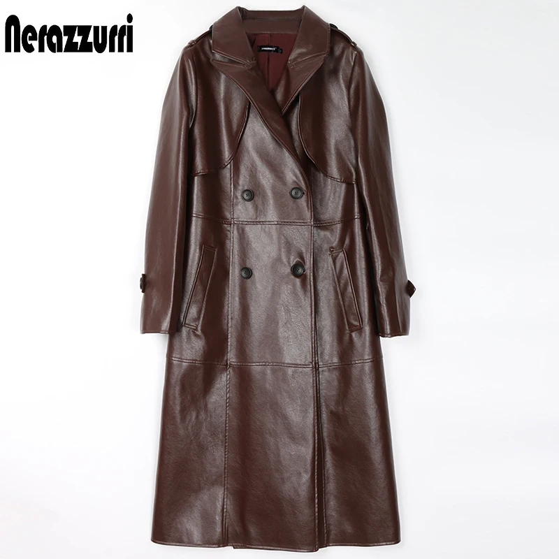 Nerazzurri Spring Brown Long black faux leather trench coat for women long sleeve belt Double breasted womens fall fashion 7xl