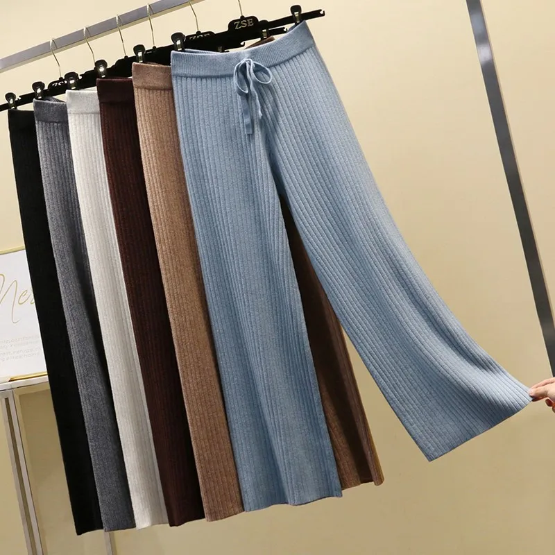 2019 Winter New THICK Casual Straight pants women female drawstring Loose Knitted wide leg pants casual Trousers