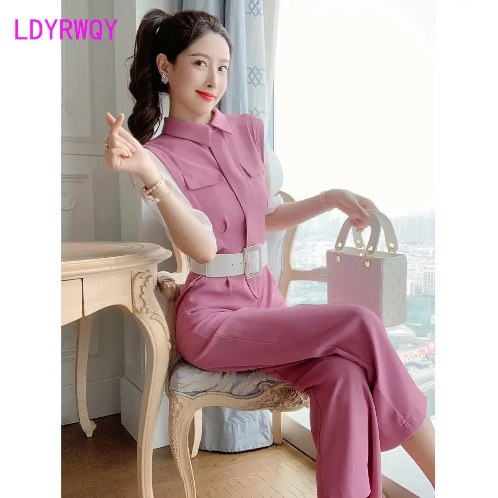 LDYRWQY Pink jumpsuit women\'s summer long small incense wind jumpsuit waist waist temperament goddess wide-leg pants