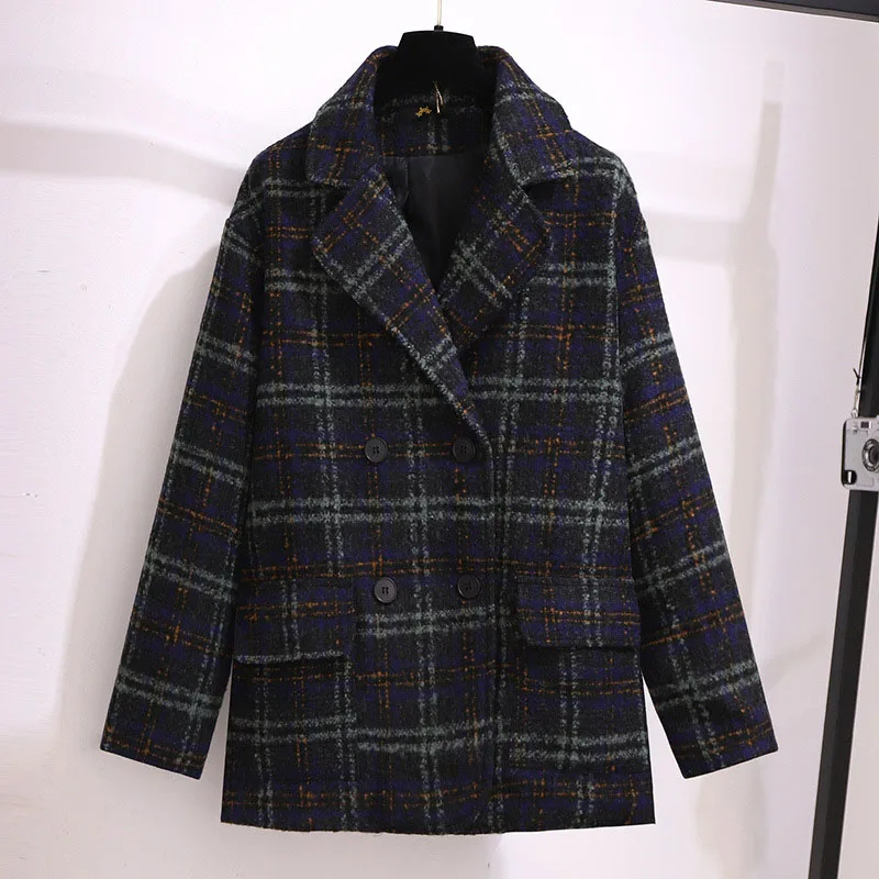 150Kg Plus Größe frauen Herbst Winter Plaid Woolen Mantel Büste 159cm 6XL 7XL 8XL 9XL 10XL Lose casual Anzug Kragen Jacke Blau