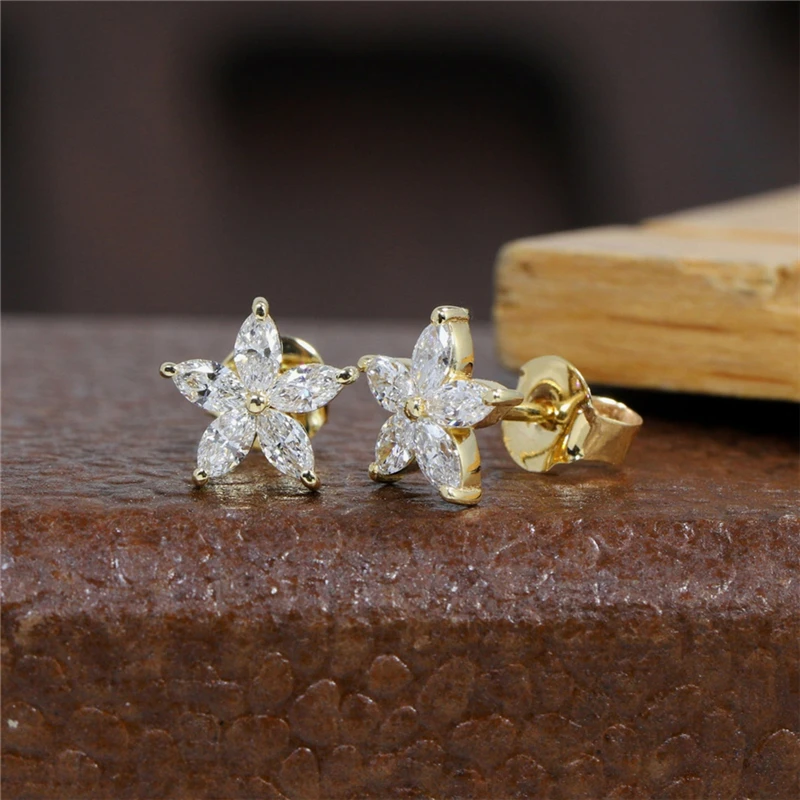 

RandH Marquis Star Moissanite Earring 18K Yellow Solid Gold 4*2mm Fashion Floral Bridal Shower For Women Vintage Stud Earrings