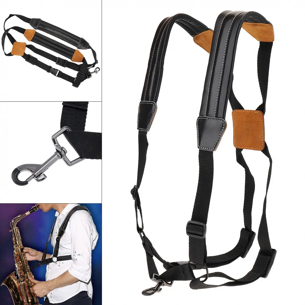 

Kid Goat Genuine Leather Double Shoulder Saxophone With Snap Hook Strap Double Shoulder For Alto Tenor Bari Soprano Sax