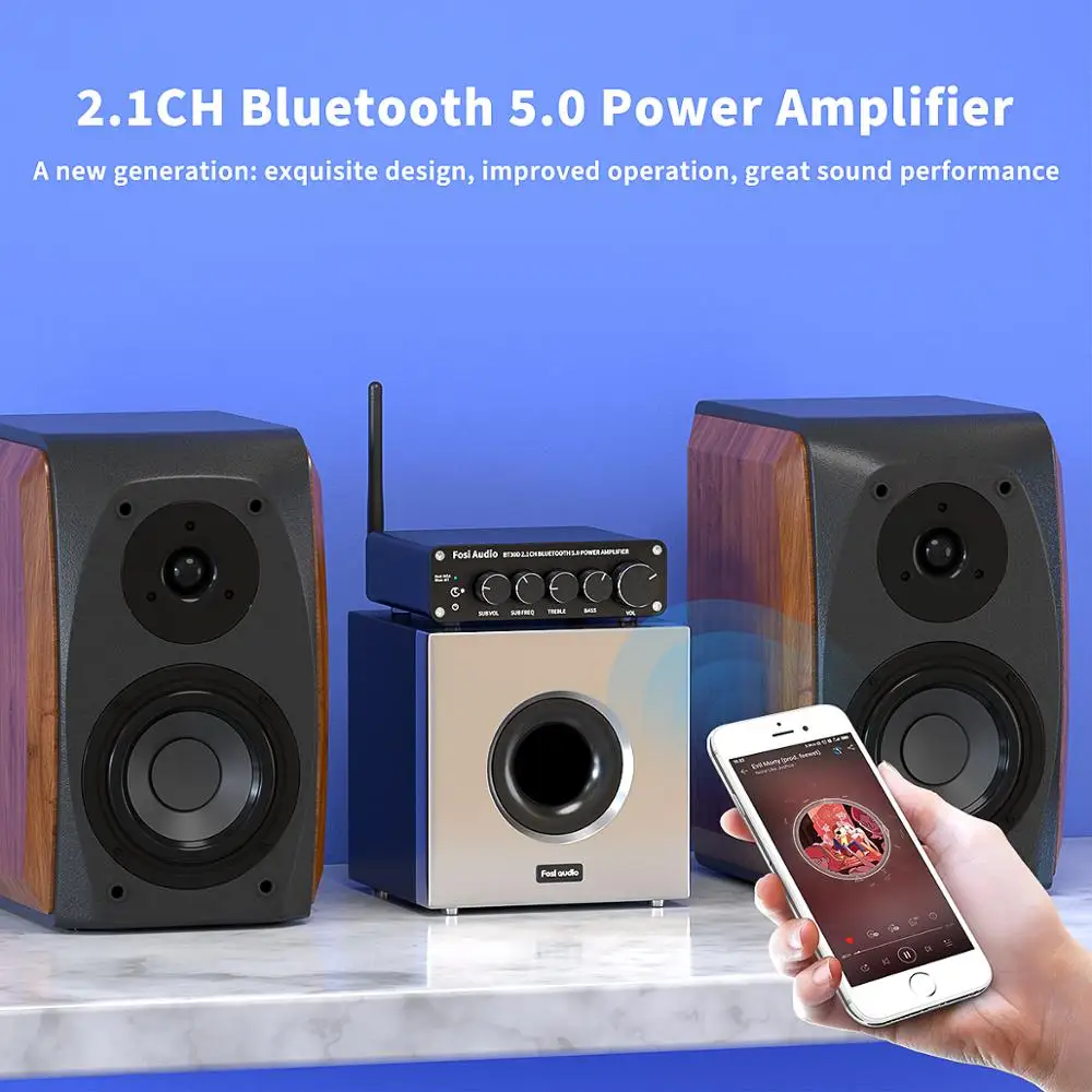 Fosi Audio BT30D amplificateur de puissance sonore Bluetooth 2.1 canaux amplificateur de contrôle des basses et des aigus caisson de basses Audio 100W + 50W x2