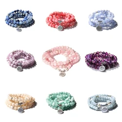 Buddhism 108 Beads Mala Bracelets Women Yoga Prayer Lotus Charm Pulsera 8 mm Natural Kunsite Chalcedony Stone Beads Bracelet