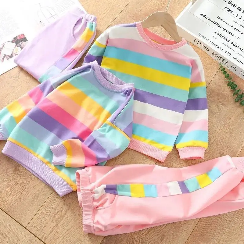 Children Clothing Spring Autumn Toddler Girl Clothes Rainbow Sweater Pants 2PCS Outfit Kids Sport Suit For Girls Clothing Sets