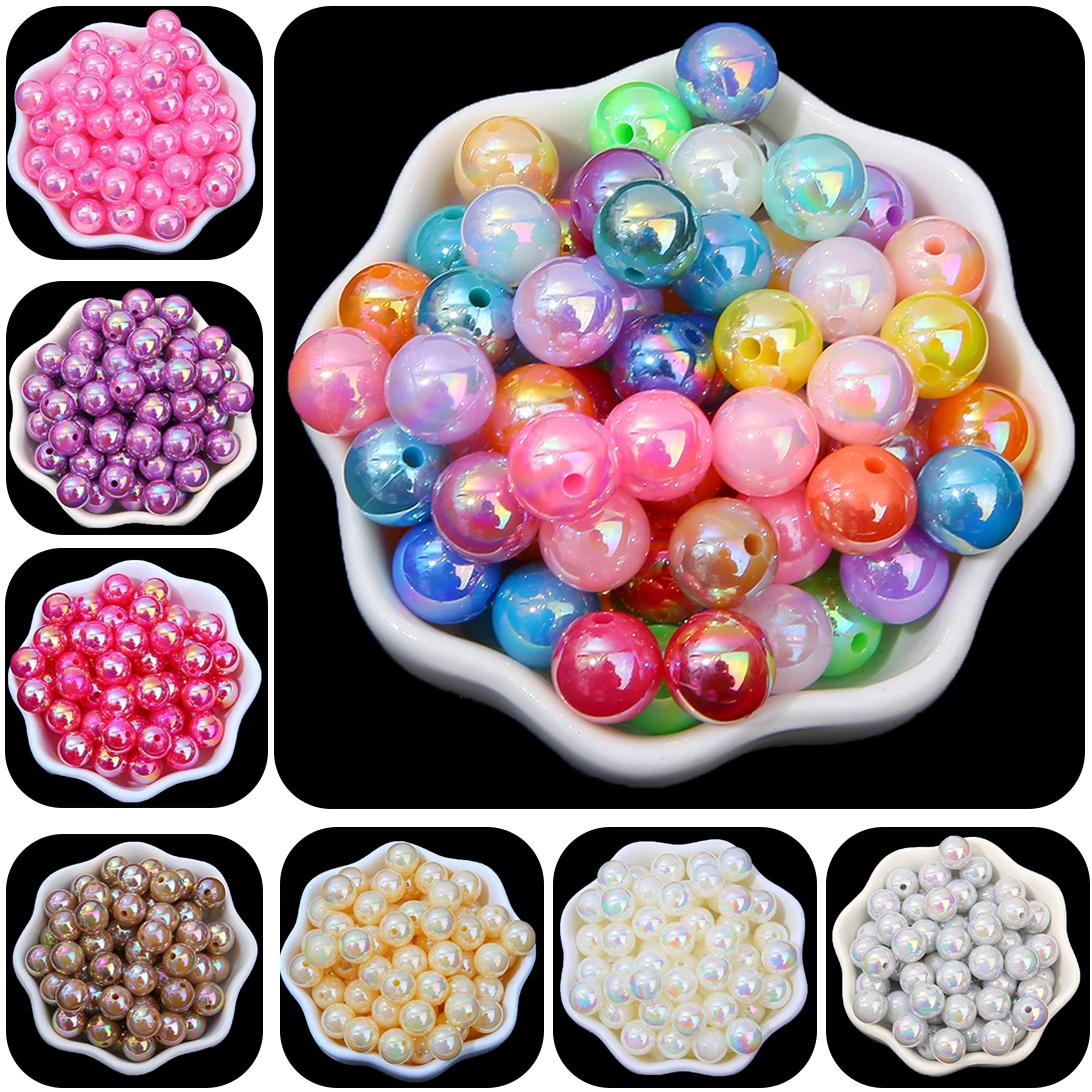 100Pcs Round AB Color Beads For Jewelry Making DIY Beautiful Plating Plastic Pearl Beads Loose Spacer Bracelet Necklaces DIY ABS