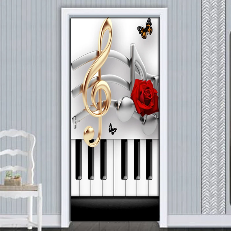 

DIY Self adhesive Door Stickers 3D Piano note rose Decals For Living Room Bedroom Door Decor PVC Waterproof Art Wallpaper Poster