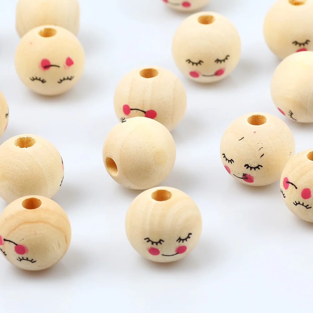 20pcs 16mm Natural Wood Beads Round Spacer Wooden Balls Smile Loose Beads For Jewelry Making Bracelet Necklace Diy Accessories