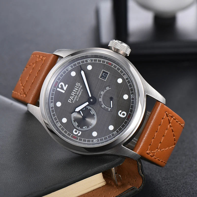 Parnis 46.5mm Automatic Men Watch Power Reserve Calendar Gray Dial Mechanical Men\'s Watches Man Luxury 2023 Gift For Man Clock