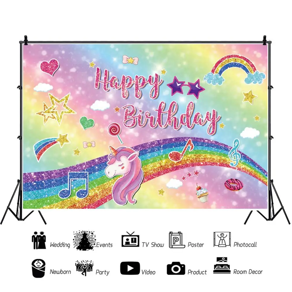 Радуга Единорог звезда облако музыкальный торт пончики новорожденный день рождения фон фотография фон виниловый Фотофон реквизит