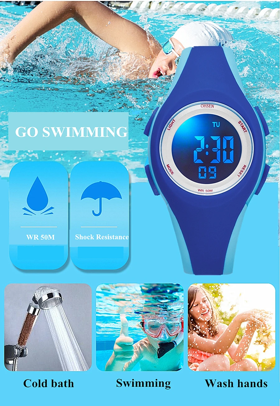 OHSEN Kids Digital Sport Watches 50M Waterproof Electronic Wristwatch Stop Watch LED Clock Children Watch For Boys Girls