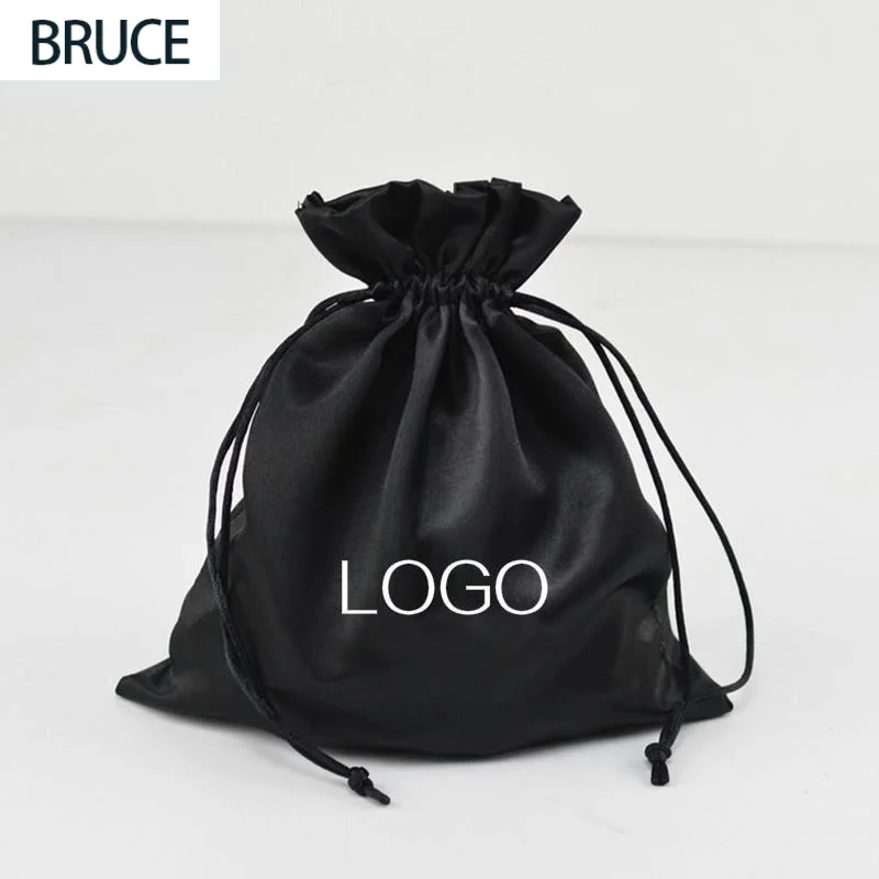 

Drawstring Bag Jewelry Pouch Black Satin Gift Bag Wood Ear Pocket Hair Extensions Packaging Bags Manufacturer Custom Logo 50P