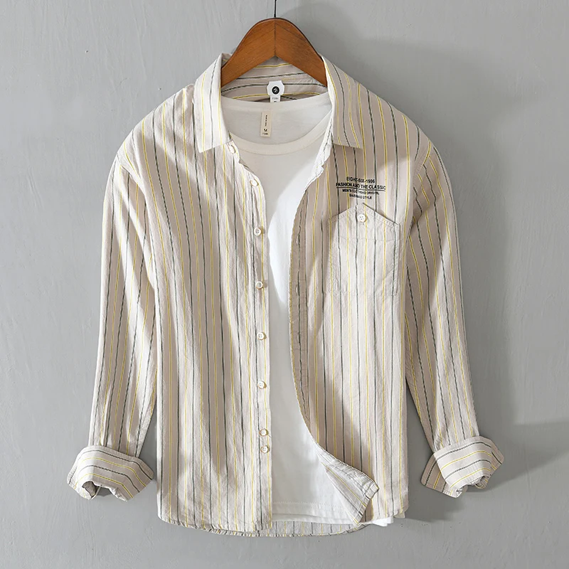 

100% Cotton new style long sleeve stripe khaki shirts men fashion casual comfortable shirt for men camisa chemise tops mens