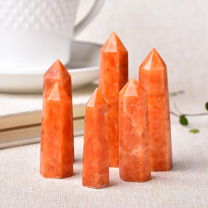 1pc Natural Crystal Point Sunstone Healing Stone Quartz Tower Orange Wand Ornament for Home Decor Reiki Energy Stone Pyramid