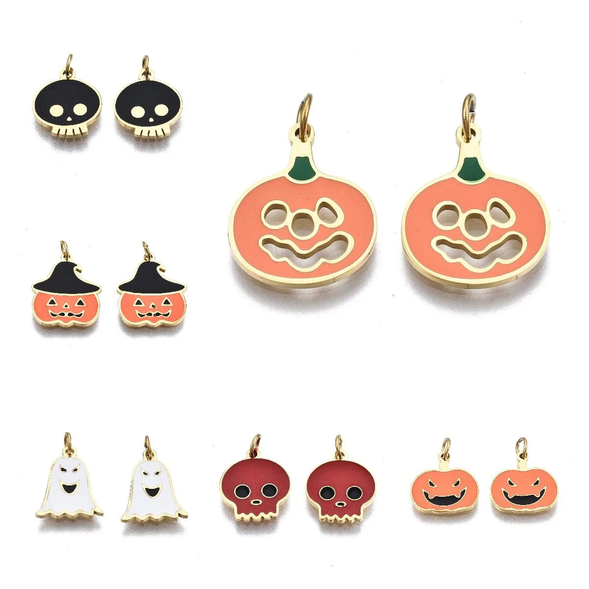 

10pcs Stainless Steel Enamel Golden Charms Pumpkin Ghost Skull Halloween Pendant Charms For DIY Bracelet Necklace Jewelry Making