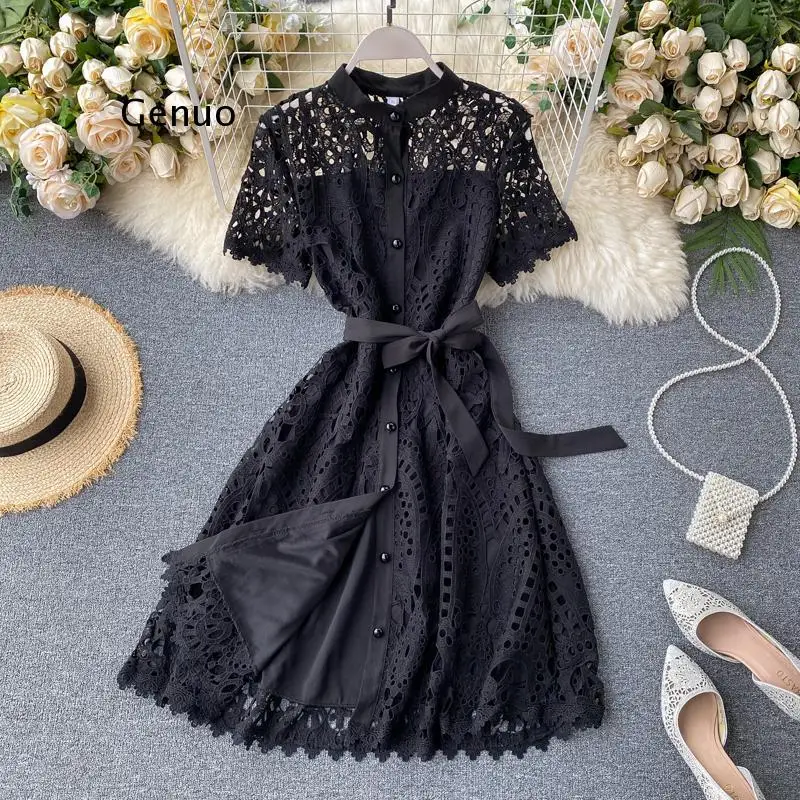 Summer Lace Dress Women 2020 New Vintage Sexy Hollow Out Balck Mujer Casual Short Sleeve Beach Red Dresses Party