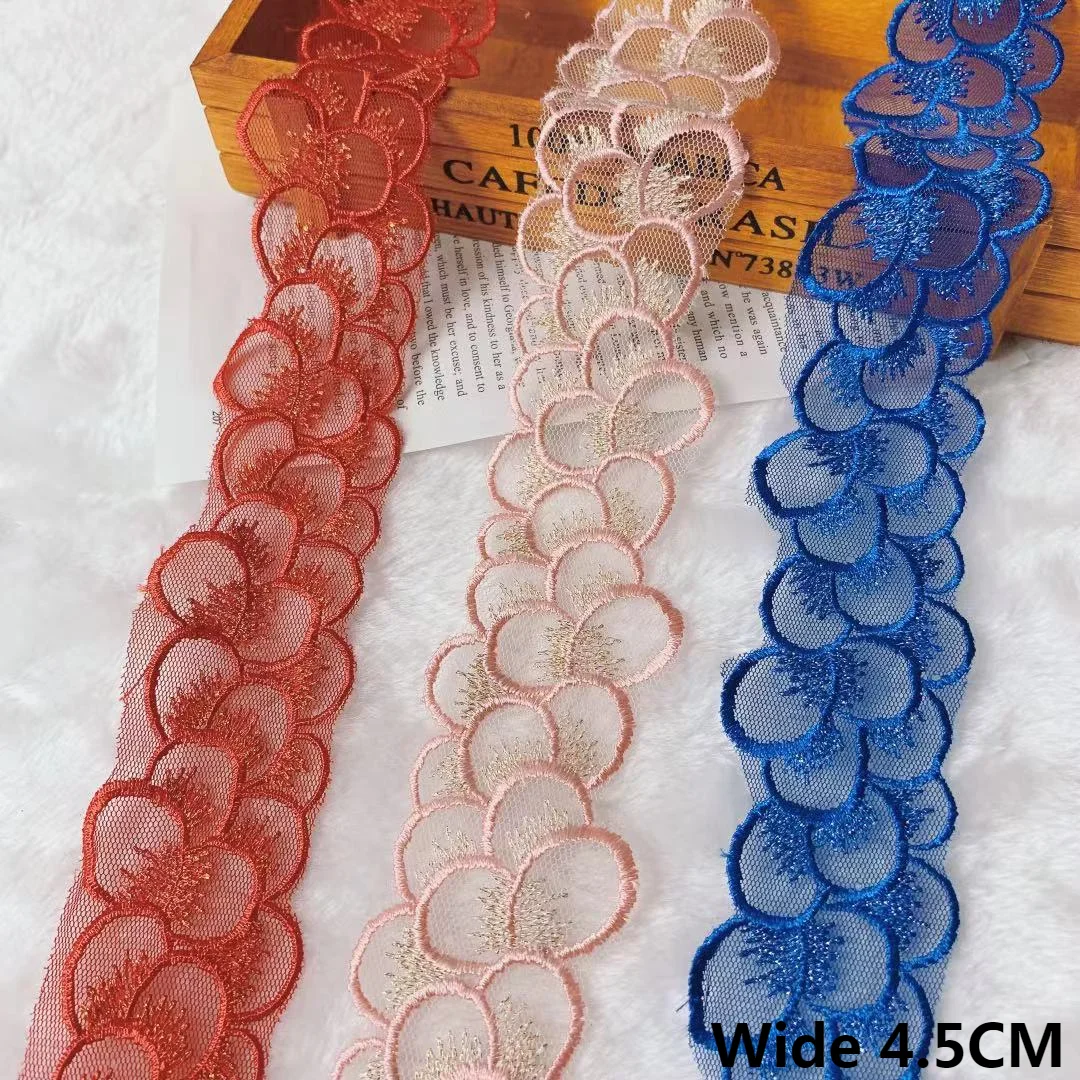 4.5CM Wide Exquisite Red Orange Blue Mesh Dress Guipure Fabirc Embroidered Fringe Ribbon Lace Collar Trim DIY Sewing Supplies