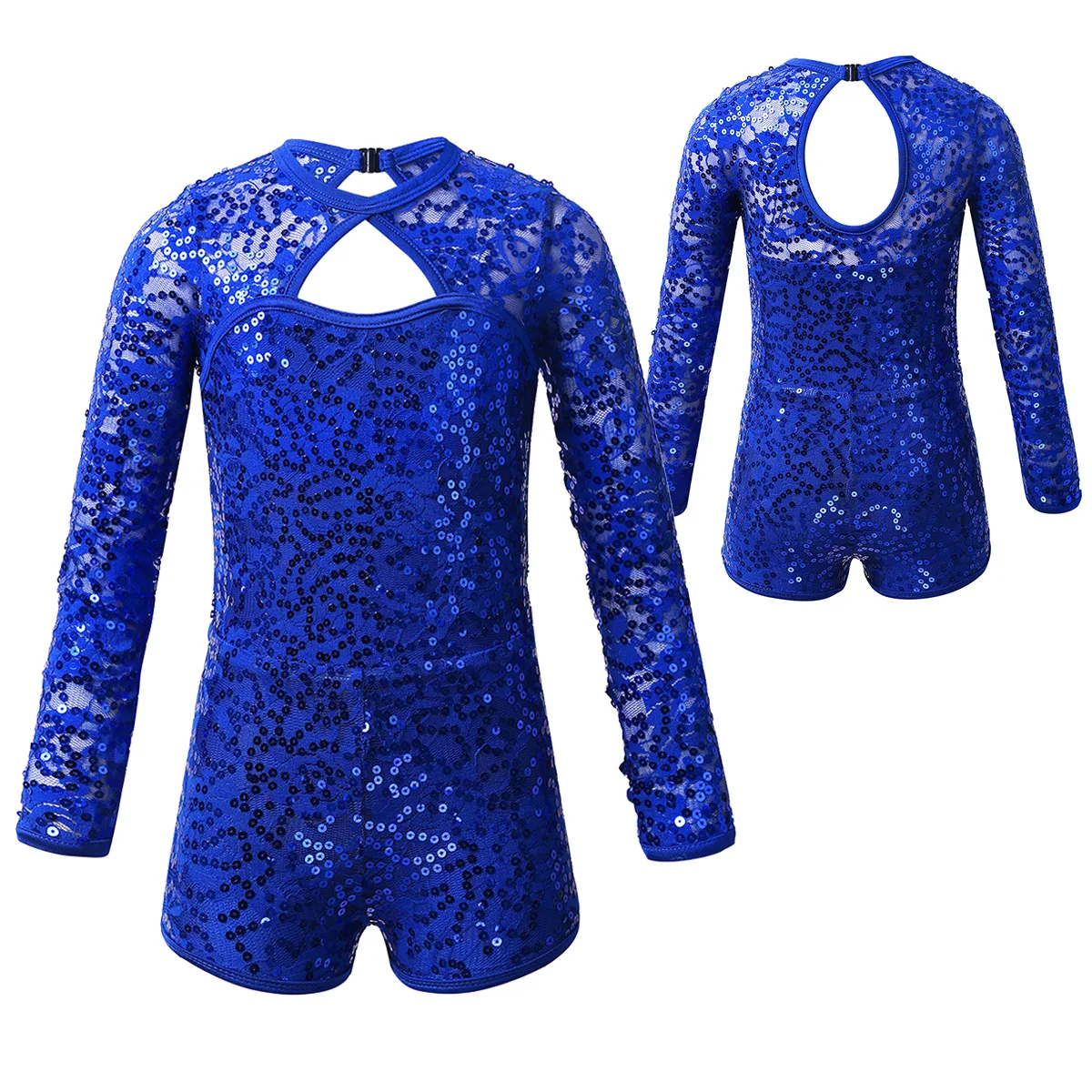 FEESHOW Leotard Jumpsuit Biketard Dancewear Kids Girls Long Sleeves Shiny Sequins Keyhole Back Ballet Dance Gymnastics Bodysuit