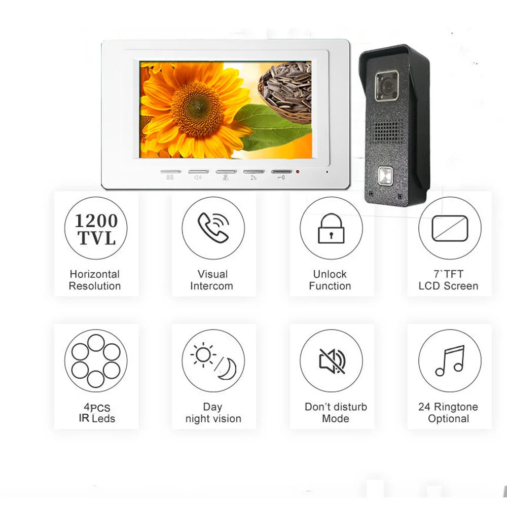 Fullvisual 7 Inch Video Intercom Doorbell Camera System 1200TVL Video Door Phone Electronic Lock Supported(Not Included) IR Leds