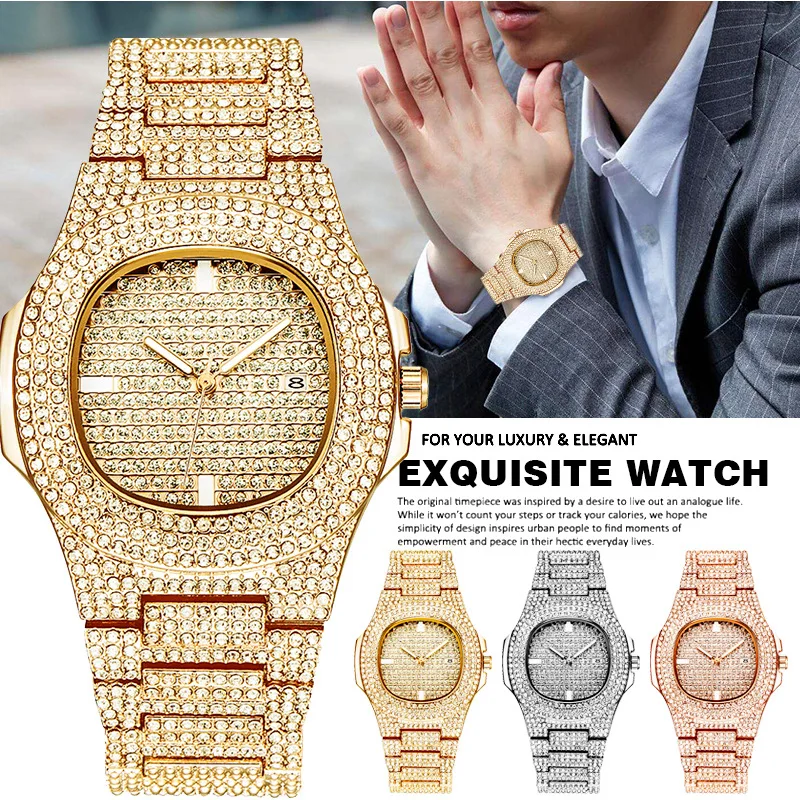 2021 New Luxury Men\'s Watch Stainless Steel European And American Style Temperament Full Diamond Calendar Quartz Watch