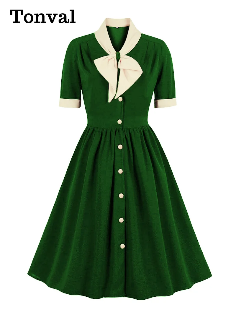 

Tonval Vintage Clothes Bow Neck 50s Robes High Waist Pleated Swing Dress 2022 Summer Women Elegant Party Wear Ladies Dresses