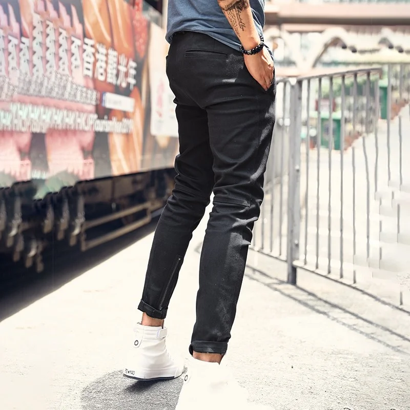 Street High Zipper Mens Slim Stretch Ankle-Length Pants Black Casual Pencil Pants 2022 New High Quality Designer Hip Hop Pants