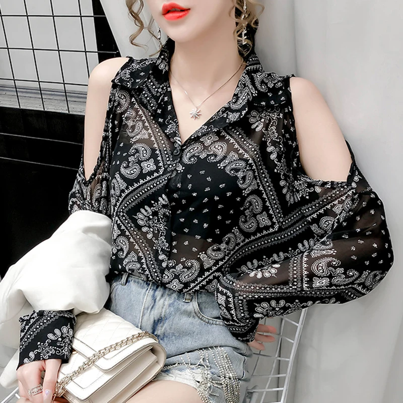 Trắng Đen Plus Kích Thước Nút Lên Lạnh Vai Sheer Phối Áo Kiểu Hàn Quốc Thời Trang Vintage Thanh Lịch Kawaii Áo Sơ Mi Top Nữ 2021