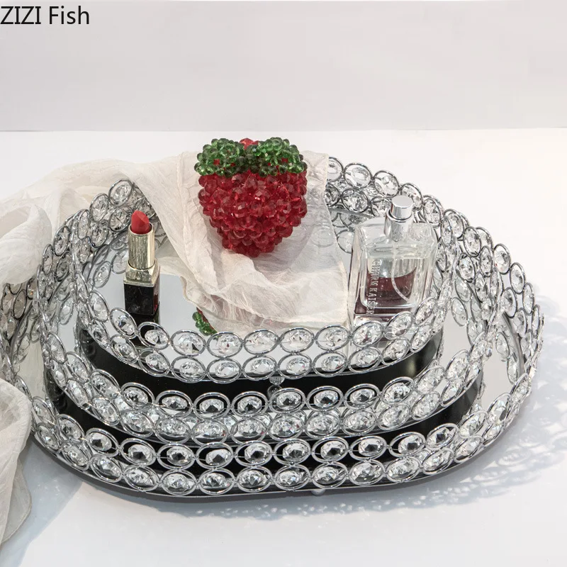 Golden Crystal Mirror Tray Jewelry Storage Box Glass Mirror Cosmetic Rack Desktop Storage Organizing Dishes Wedding Fruit Dish