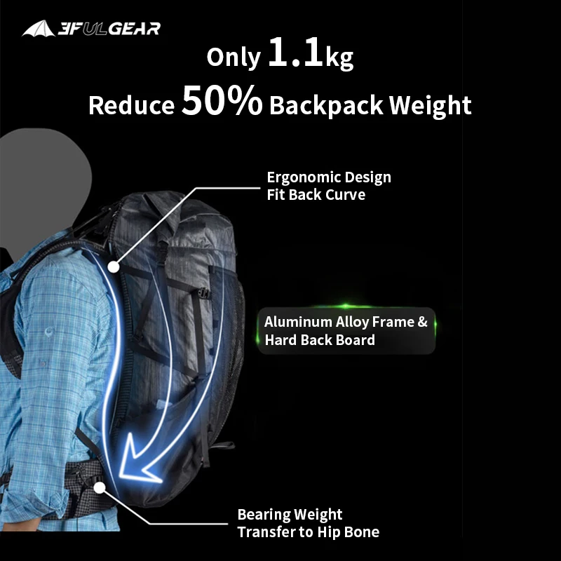 3F UL GEAR 45+10L YUE Camping Outdoor Ultralight Backpack Women/Men Sport Bag X-PAC Breathable Bag Rucksack Adjust System