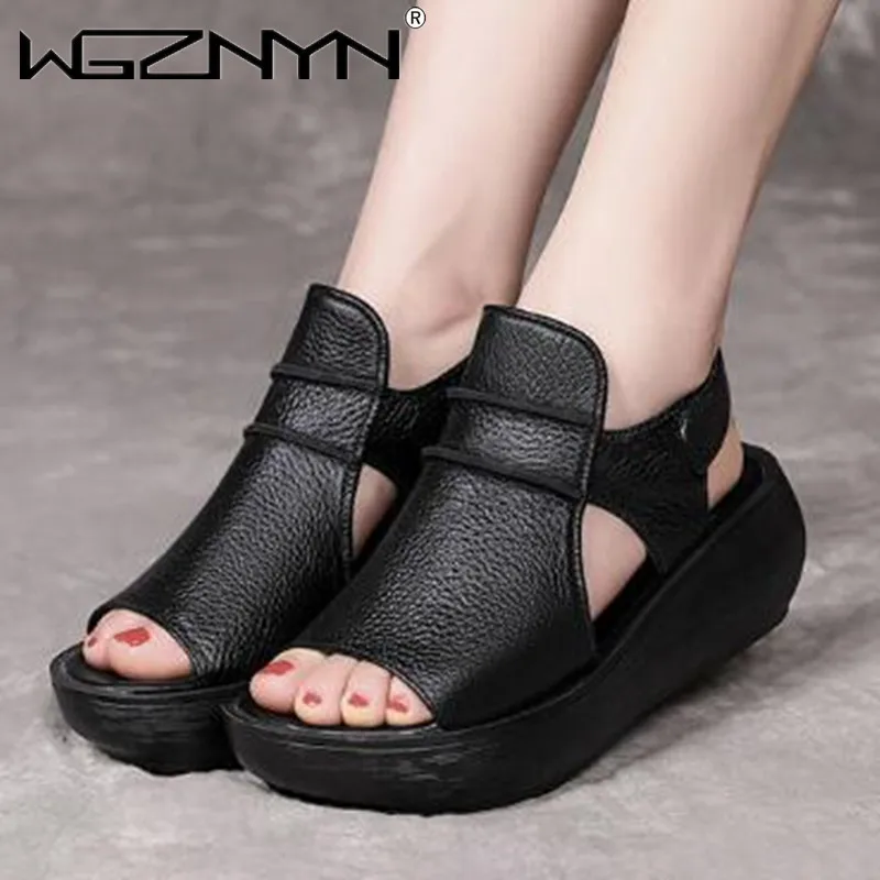 Summer Thick Bottom High Heel Flat Platform Sandals for Women Genuine Leather Fashion Wedges Peep Toe Women Sandals Fashion Shoe