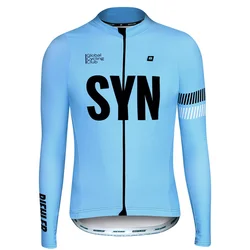 Pro Team Cycling Jerseys for Men, Long Sleeve, Thermal Fleece, Blue and White Jackets, Three Rear Pockets, Winter and Spring