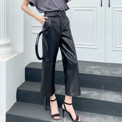 Women Genuine Leather Cropped Trousers Mujer Sheepskin Wide Leg Straight Pants Black High Waist Pantalon Pour Femme Belt Pockets