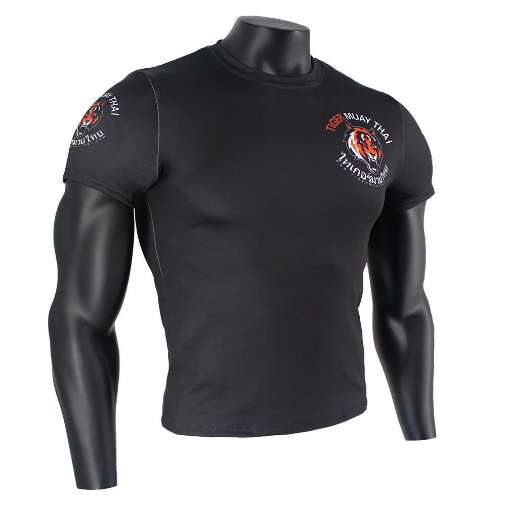 Black stretch fabric fitness sports fierce t shirt MMA Boxing jerseys tiger muay thai rashguard jiu jitsu sauna suit king boxing