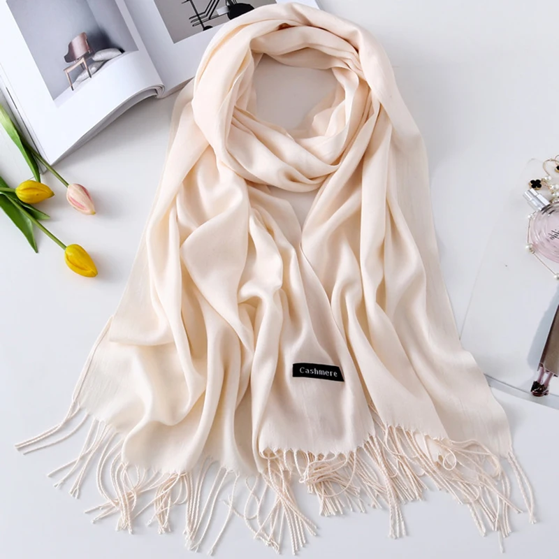 Women Cashmere Scarves with Tassel 2019 Autumn New Soft Solid Color Warm Long Wraps Scarf Casual Lady Winter Foulard Head Shawl