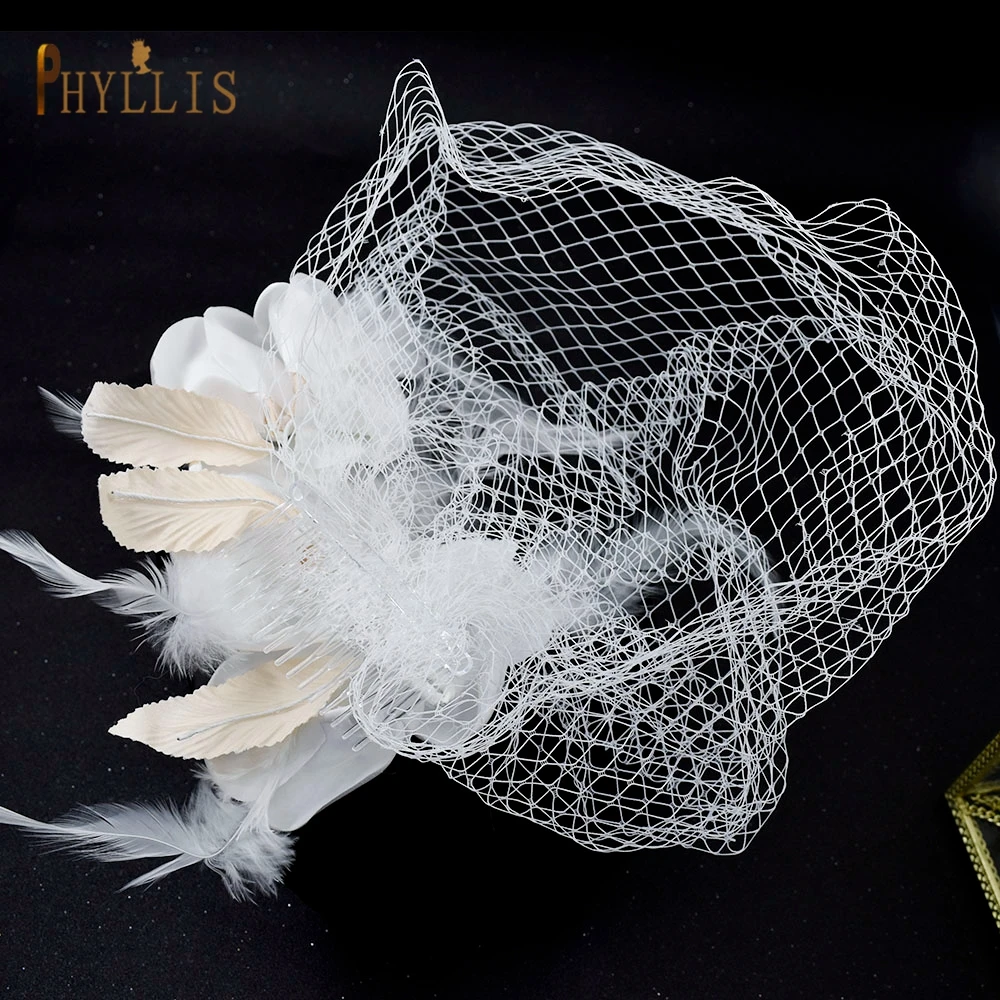 JM01 Bridal Birdcage Veil Blusher Veil Feather Flower Short Veil Party Wedding Veil White Fascinator Bride Hats With Veil