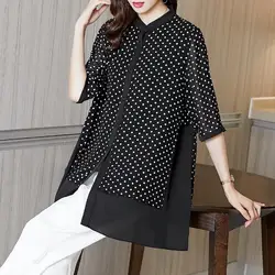 Summer Women Dots Print Chiffon Shirts Blouses Fake Two Pieces Large Size Loose Temperament Tops Mid-Length Blusas MM0316