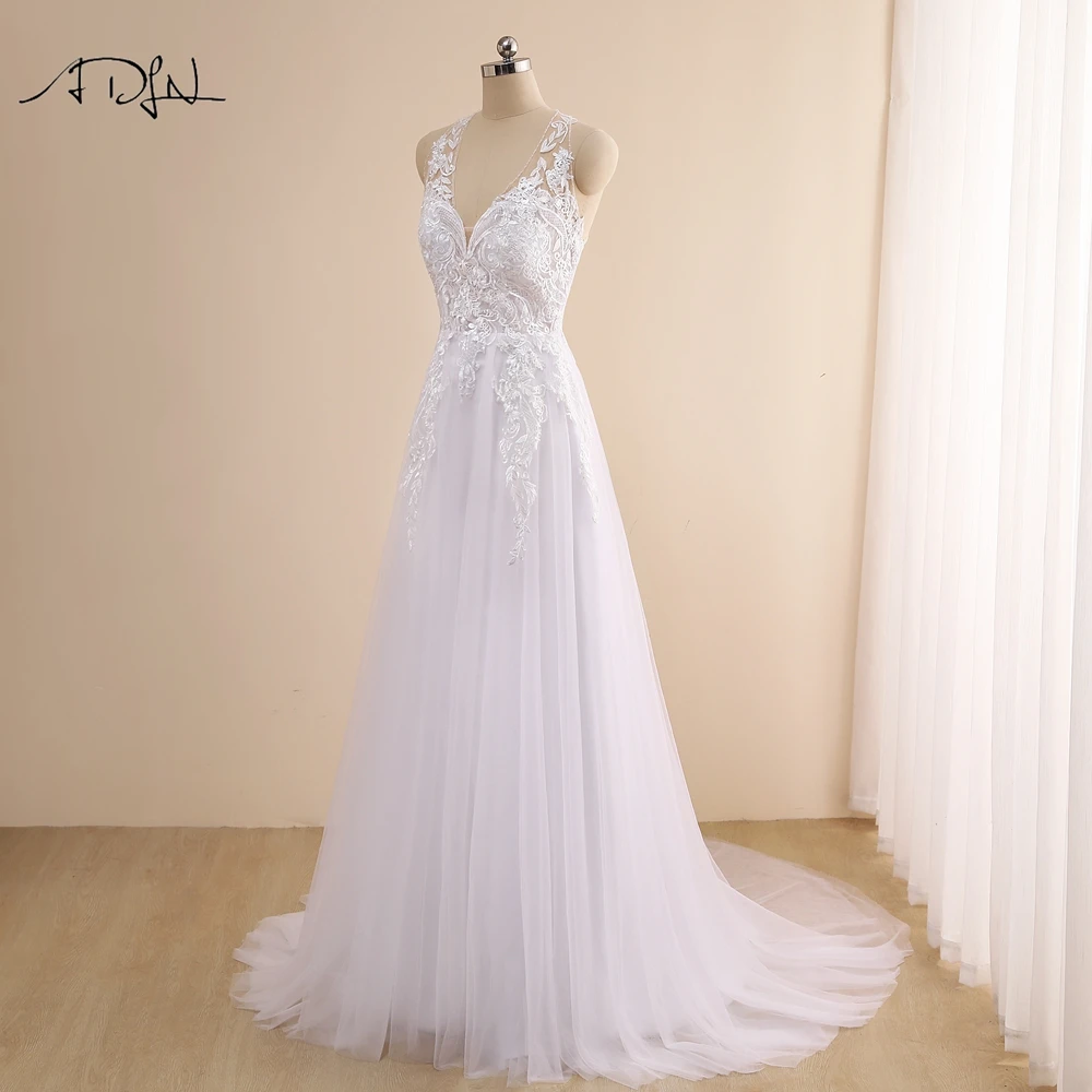 Elegant Halter Sleeveless Bohemian Lace Wedding Dress Custom Made Halter Sleeveless Sweep TraIn Vestido de Novia 2020