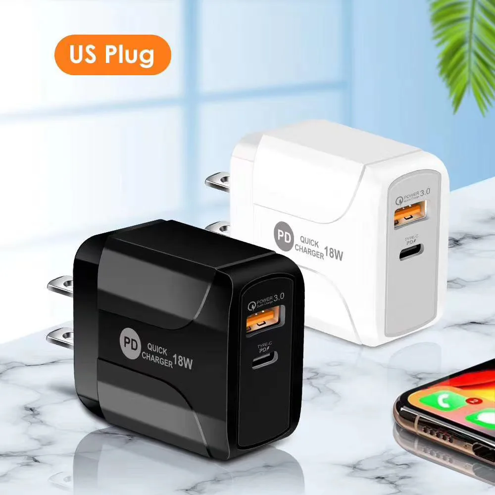 Portable PD 18W QC3.0 USB 5V3A Quik Charge Plug US Standard Plug Type-c Interface QC3.0 Fast Charge Adapter Fast Wall Chargers