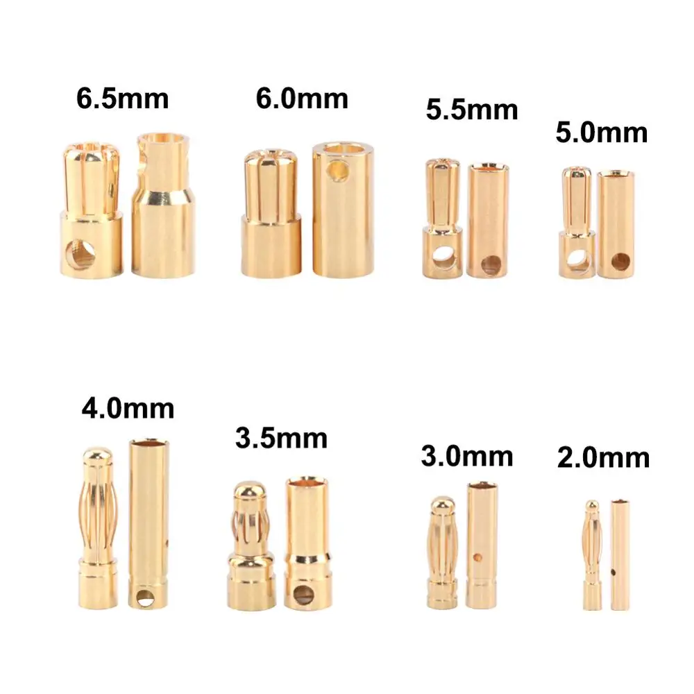 

100 pairs Bullet Connector Plug 2.0/3.0/3.5/4.0/5.5/6.0/6.5mm Battery Connector Green Gold Plated Stereo Plug Banana Head